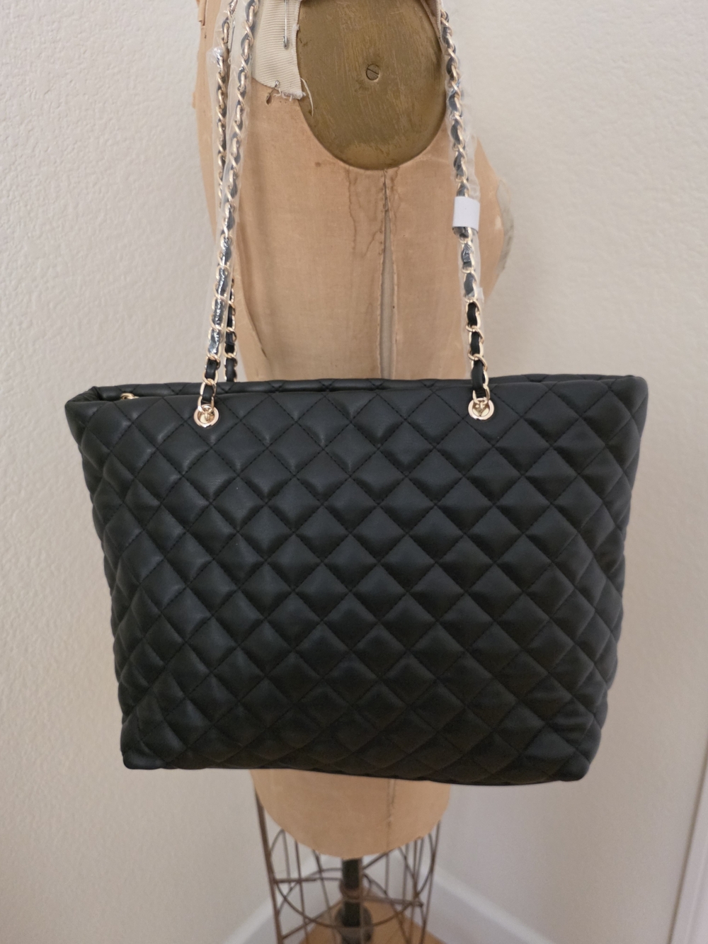 Quilted Black Chain-Handle Tote Bag